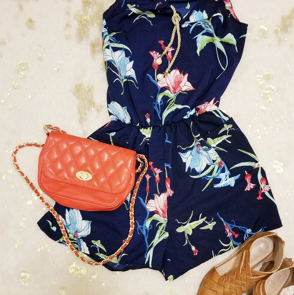 Floral Romper blue pink gold